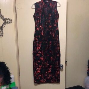 Short Sleeve Chinese Cheongsam Qipao Dress Black with dark red bamboo and plum